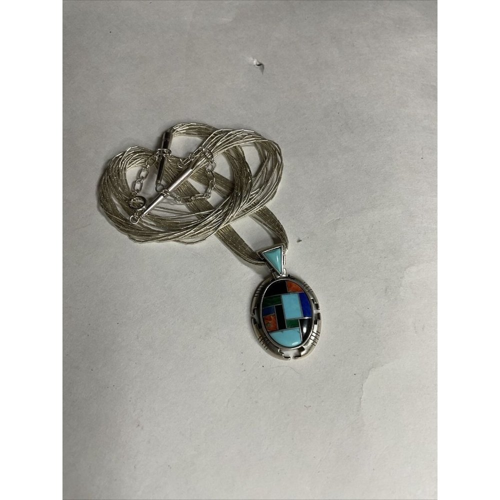 Sterling Southwestern Channel Inlay Pendant with Chain in top condition